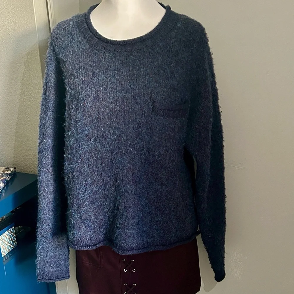 a.n.a. Women's Cozy Fuzzy Blue Wool Blend Split Rolled Hem Sweater - Picture 10 of 10